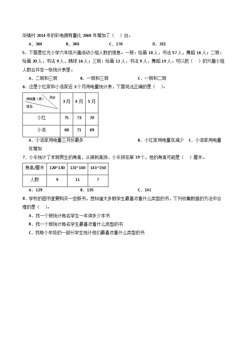 2024年三升四数学暑假专题训练 专题03:复式统计表(人教版)02