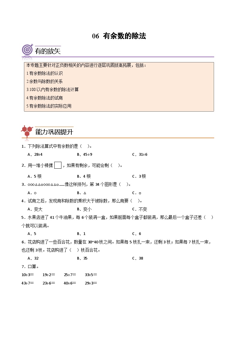 2024年二升三数学暑假专题训练 专题06：有余数的除法（人教版）