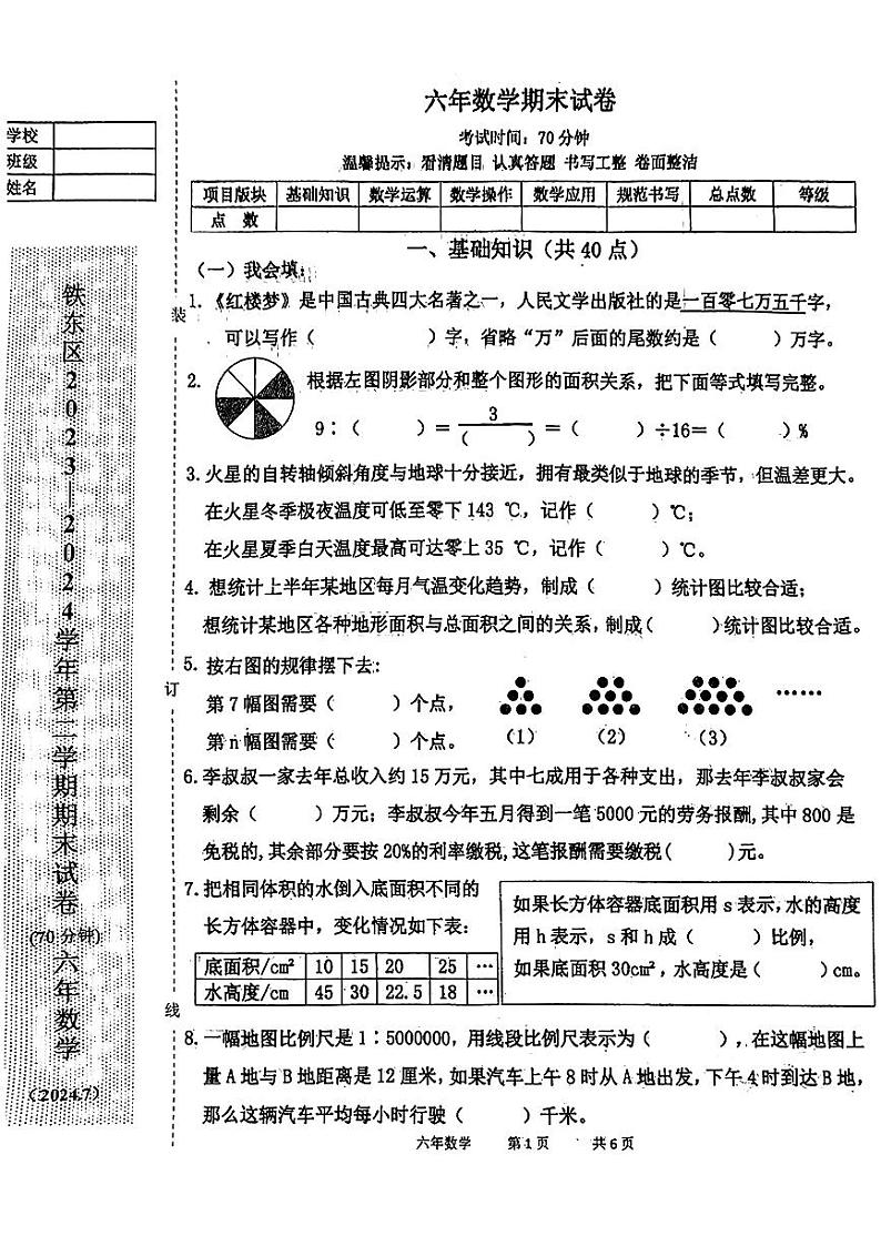 辽宁省鞍山市铁东区2023-2024学年六年级下学期期末考试数学试卷第1页