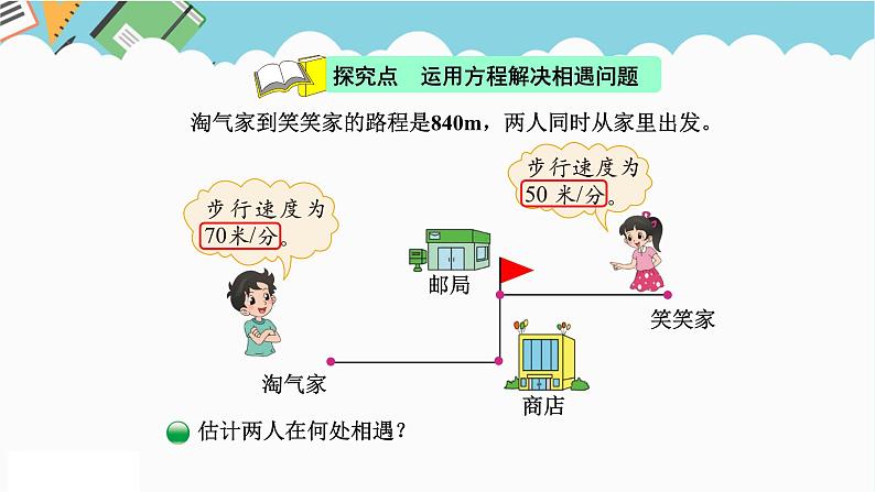 2024五年级数学下册第7单元用方程解决问题第2课时相遇问题课件(北师大版)04