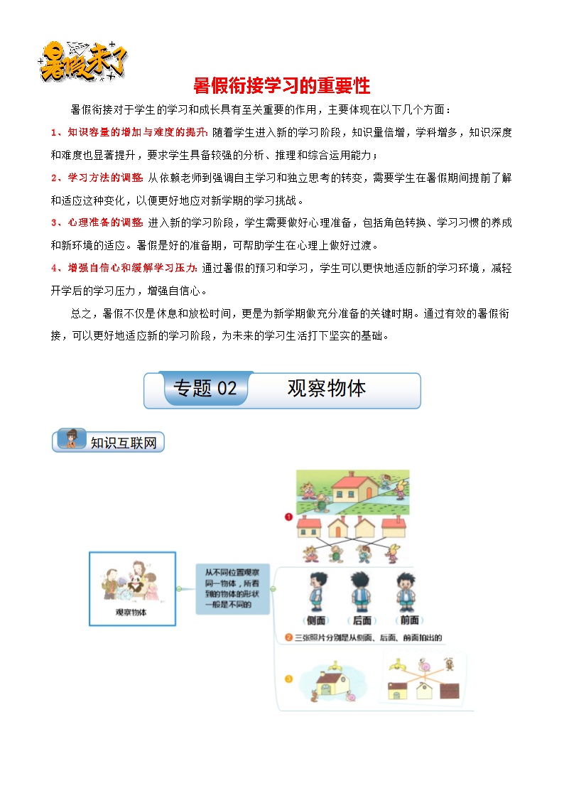 专题02 观察物体-【温故知新】最新一升二数学暑假衔接培优讲义（导图+知识点+易错点+真题卷）北师大版