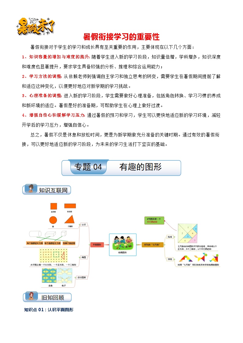 专题04 有趣的图形-【温故知新】最新一升二数学暑假衔接培优讲义（导图+知识点+易错点+真题卷）北师大版