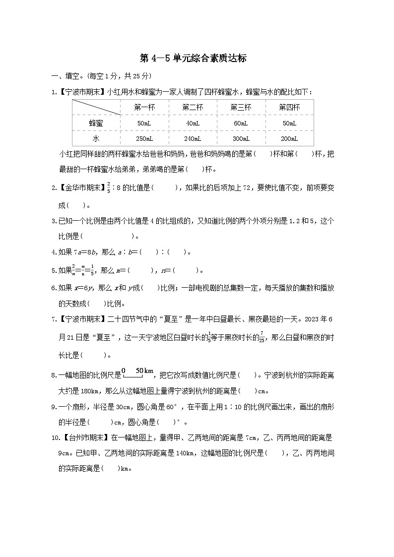 浙江省2024六年级数学下册第4_5单元综合素质达标试卷(附答案人教版)01