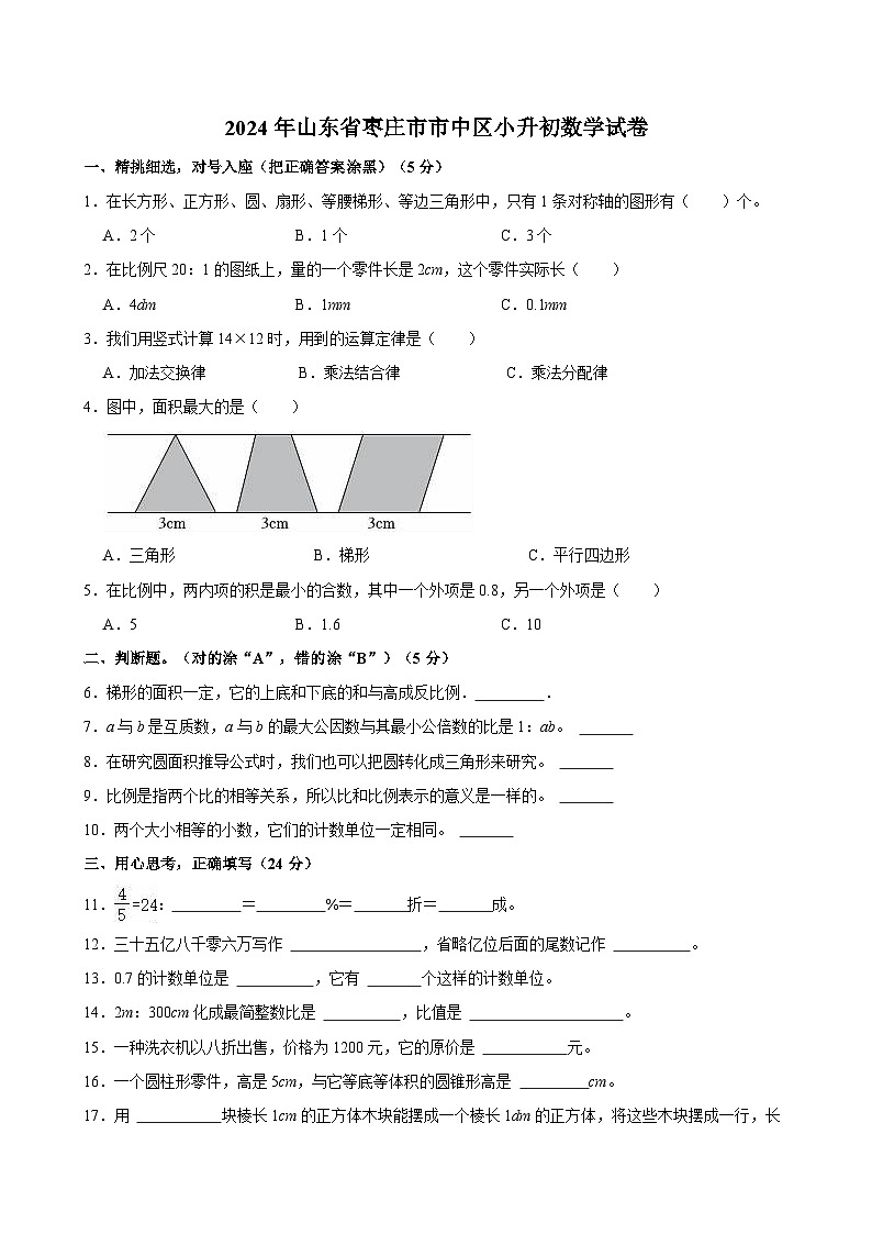 2024年山东省枣庄市市中区小升初数学试卷01