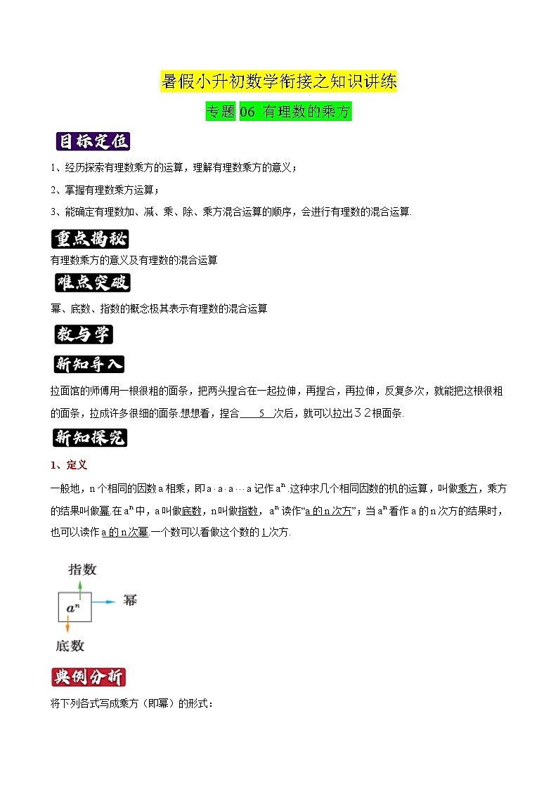 专题06《有理数的乘方》知识讲练-暑假小升初数学衔接(人教版)(原卷版)第1页