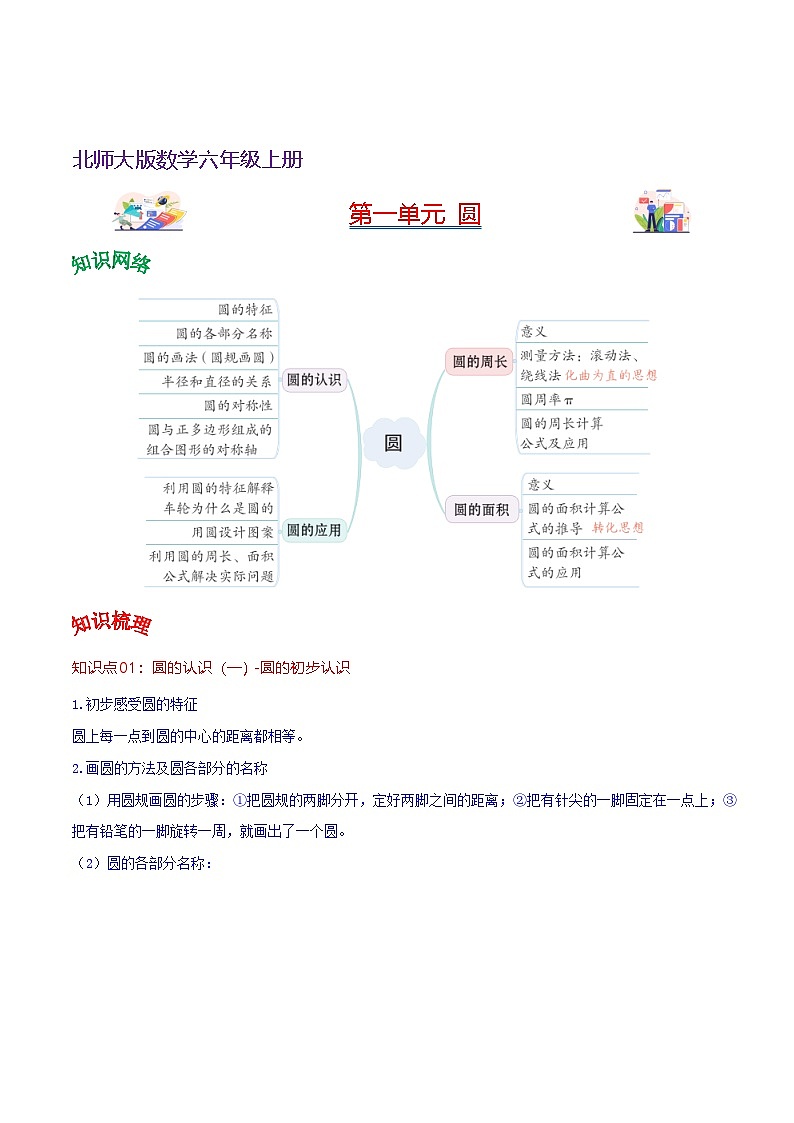 北师大数学六年级上册 第一单元《圆》单元热点难点讲义(教师版)第1页