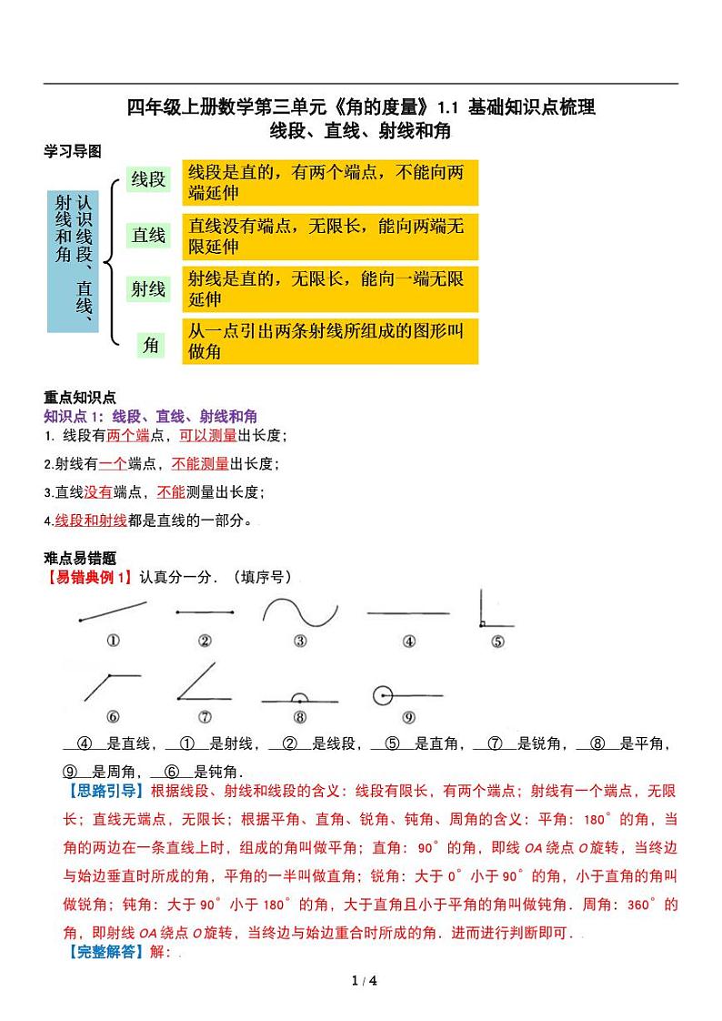 人教版数学四年级上册第三单元《角的度量》线段 直线 射线 角讲义教案01