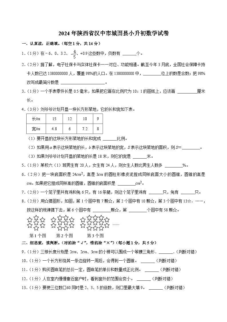 2024年陕西省汉中市城固县小升初数学试卷01