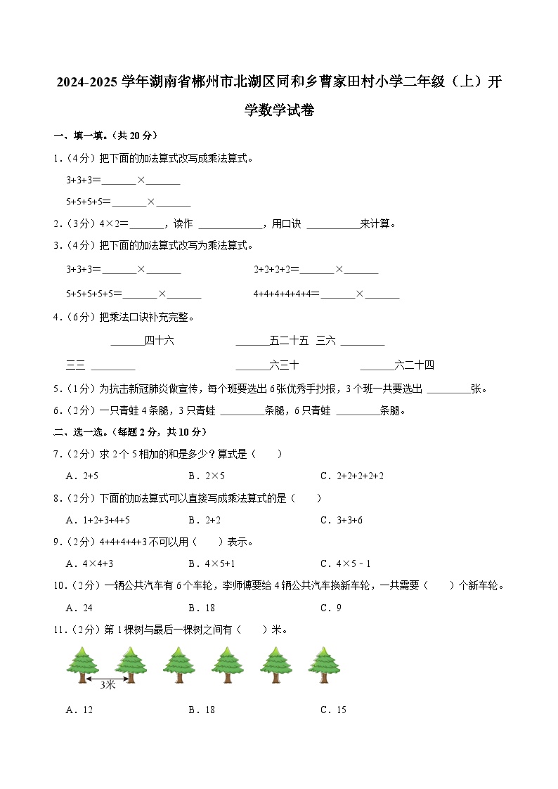 2024-2025学年湖南省郴州市北湖区同和乡曹家田村小学二年级（上）开学数学试卷