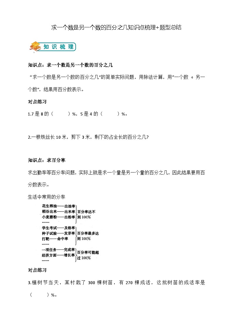 苏教版小学数学六上第六单元一个数另一个是的百分之几的简单实际问题举一反三题型总结(知识点+例题+变式题)01