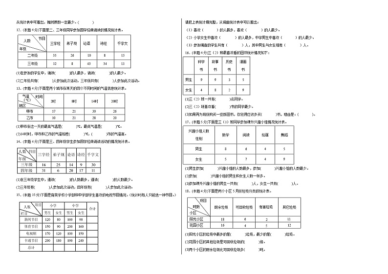 人教版数学三年级下册 第三单元《统计》模拟测试卷(原卷+解析卷+答题卡)02