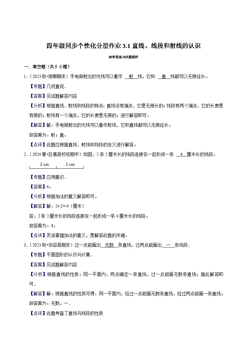 3.1直线、线段和射线的认识(拔尖练习)2024-2025学年人教版数学四年级上册03