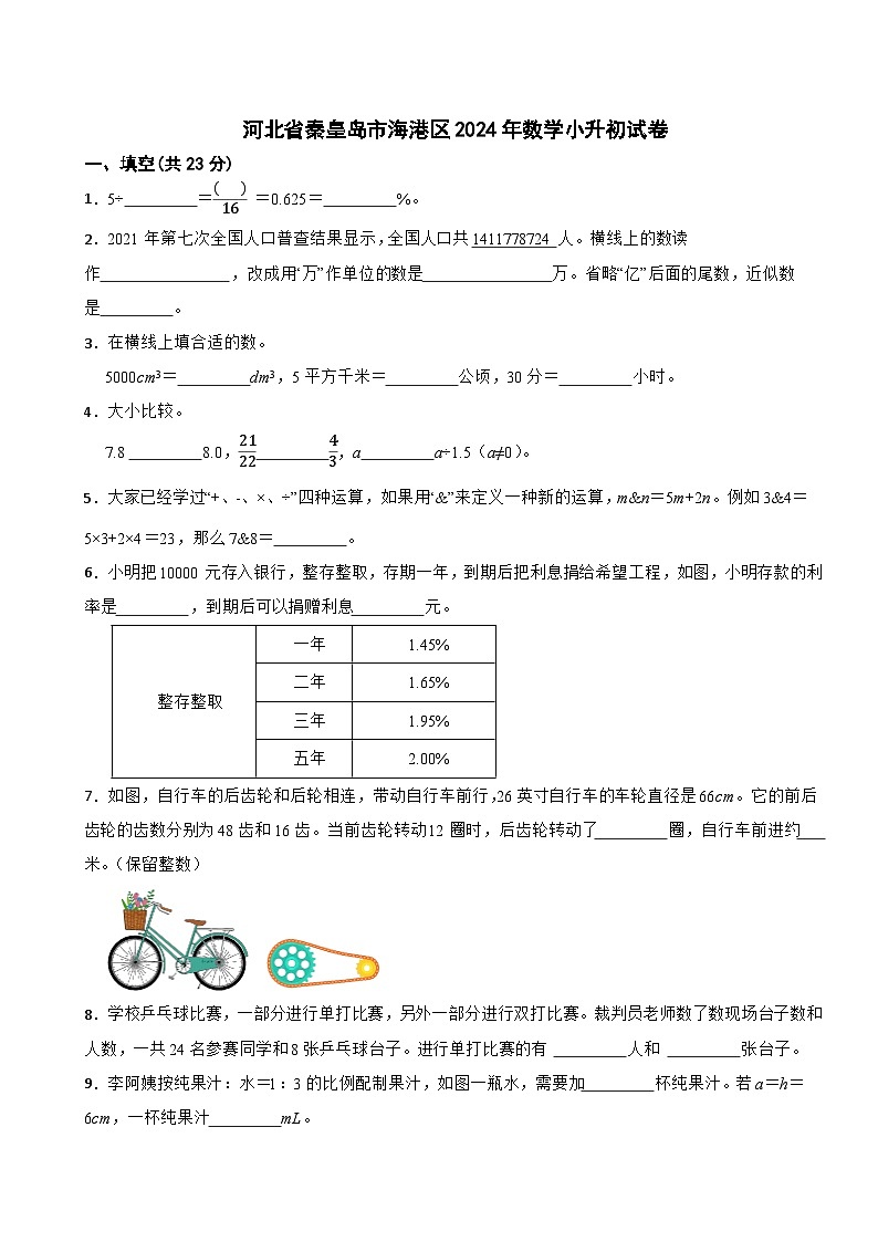河北省秦皇岛市海港区2024年数学小升初试卷第1页