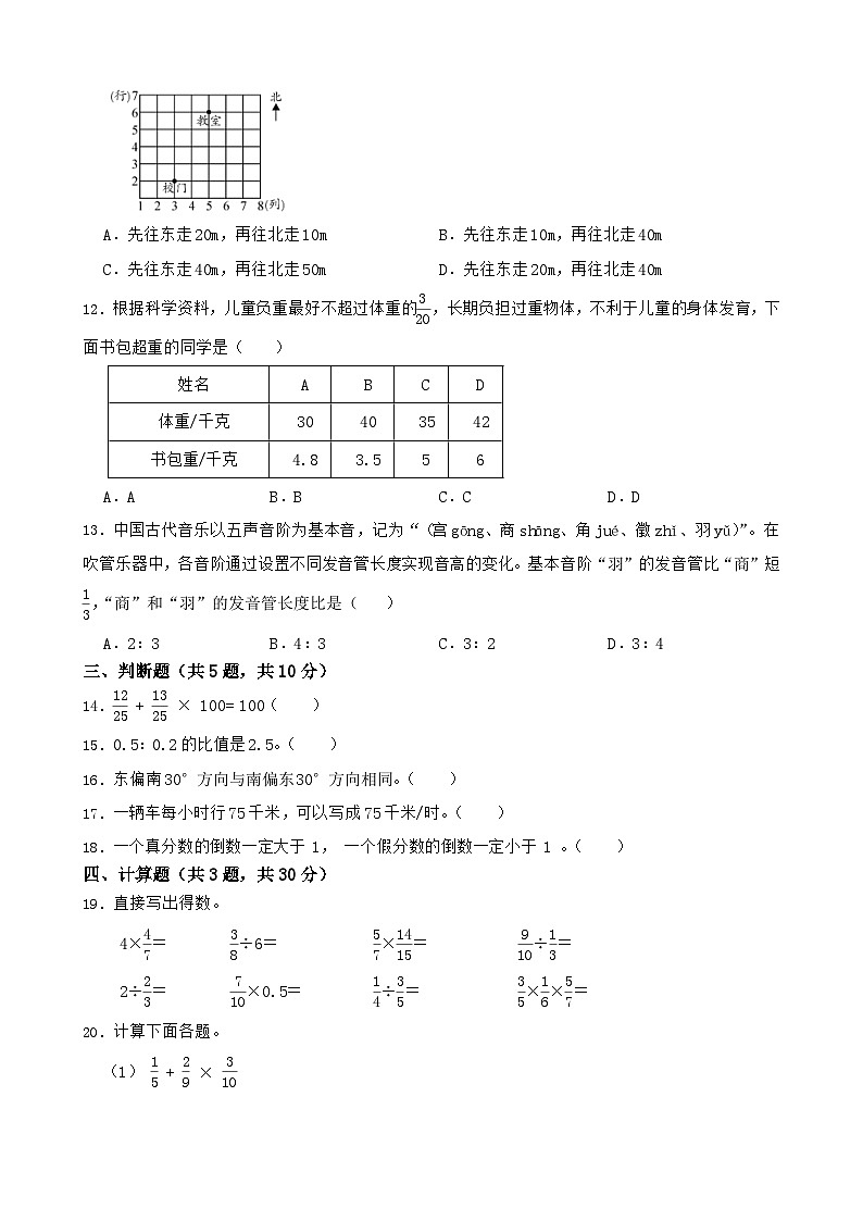 期中测试卷(1-4单元)(试题)2024- 2025学年六年级上册数学人教版第2页