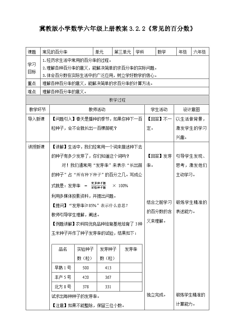 冀教版小学数学六年级上册教案3.2.2《常见的百分数》第1页