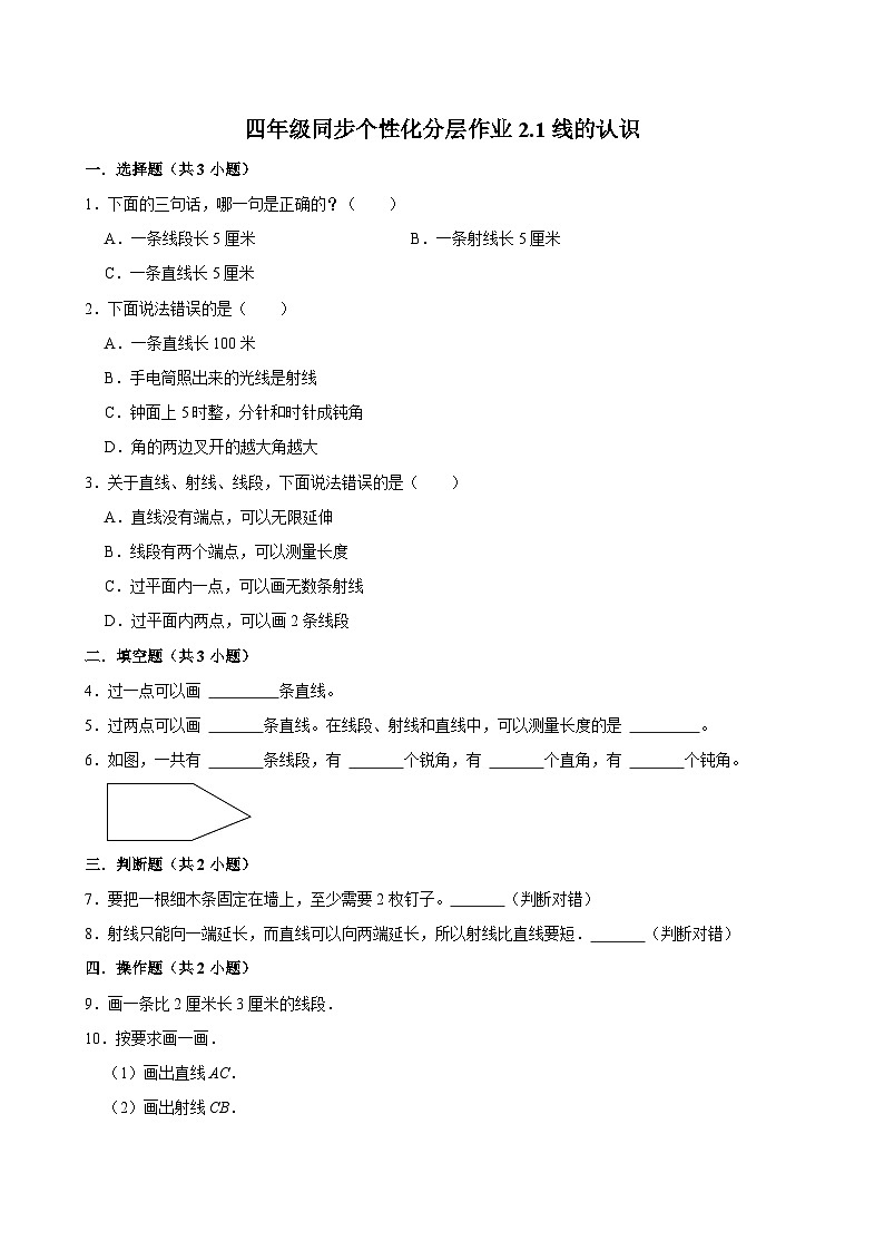 2.1线的认识(基础作业)2024-2025学年四年级上册数学 北师大版(含解析)01