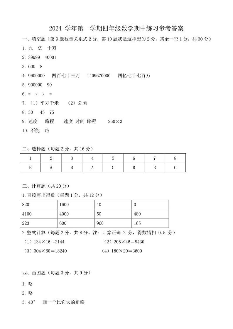 (202401)四年级数学期中学情调研参考答案第1页