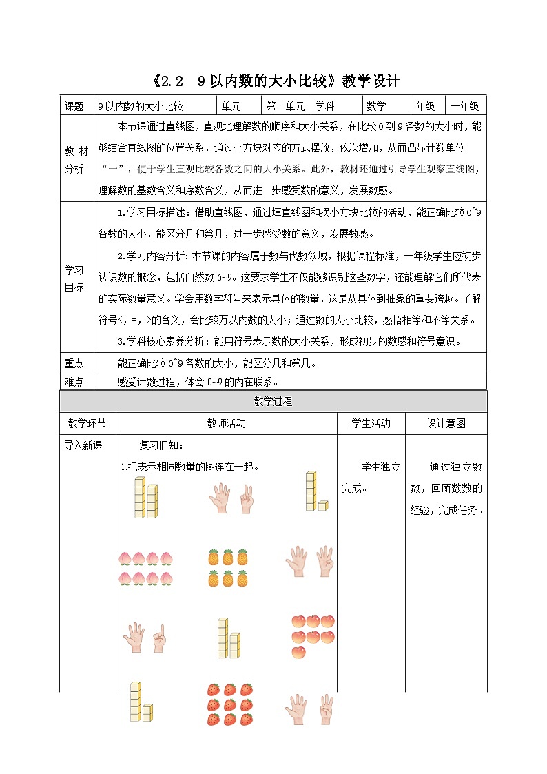 【新教材新课标】苏教版数学一年级上册2.2《9以内数的大小比较》(课件+教案+大单元整体教学设计)01