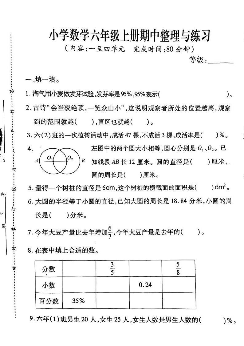福建省泉州市晋江市第二实验小学2024-2025学年六年级上学期期中数学考试卷01