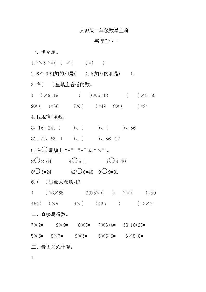 寒假作业（假期作业）二年级上册数学人教版 (6)