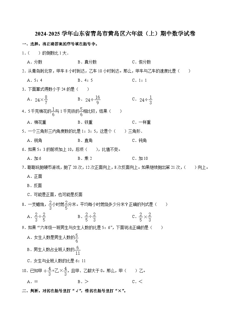 山东省青岛市黄岛区2024-2025学年六年级上学期期中数学试卷第1页