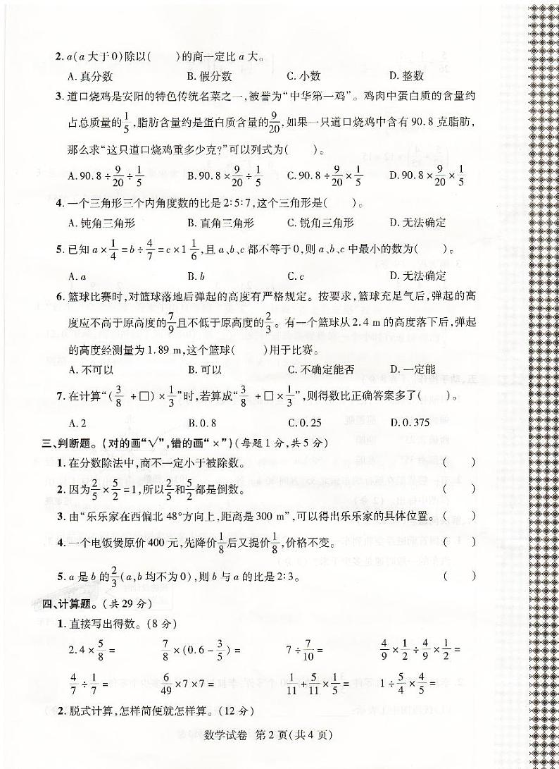 河南省安阳市安阳县2024-2025学年六年级上学期期中数学试卷02