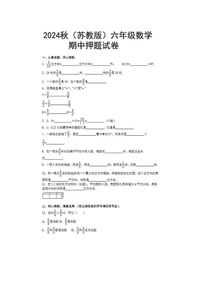 2024年苏教版六年级上册数学期中押题试卷01