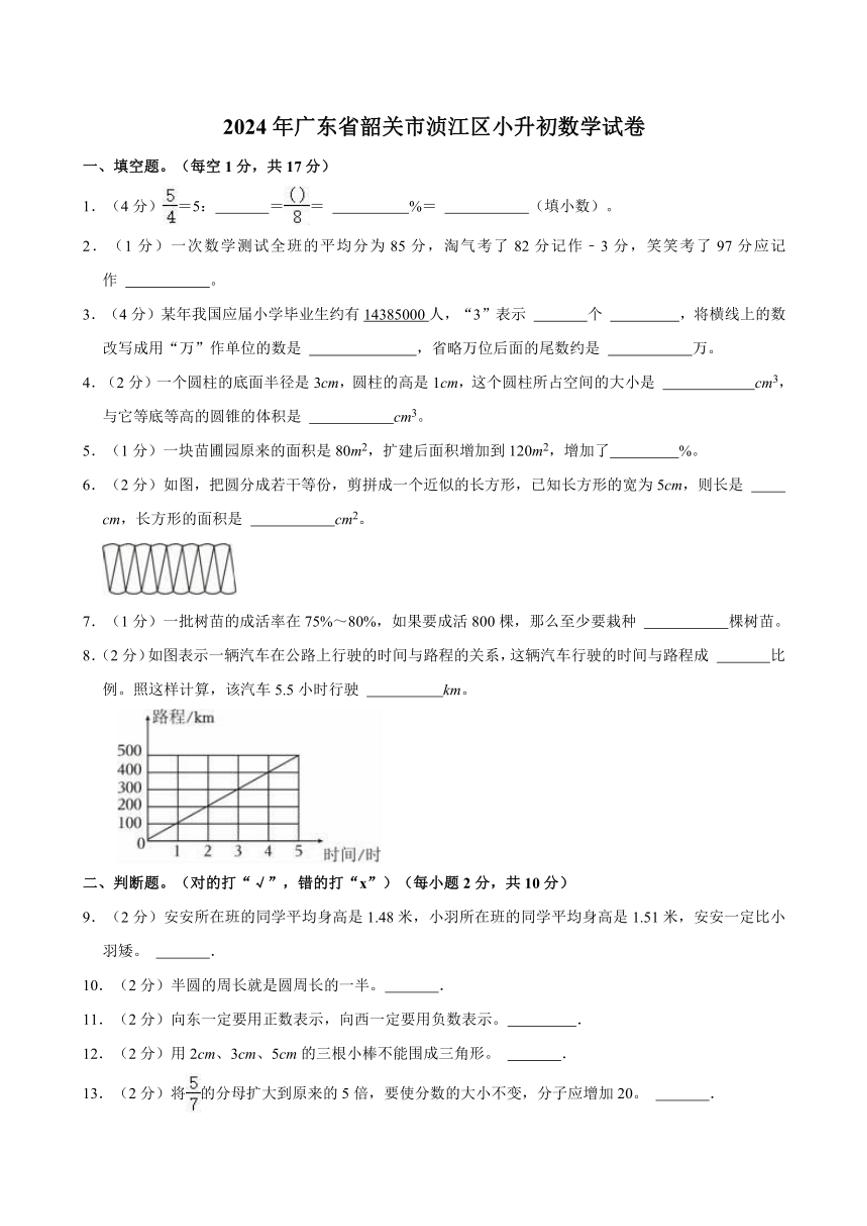 2024年广东省韶关市浈江区小升初真题数学试卷(含答案)