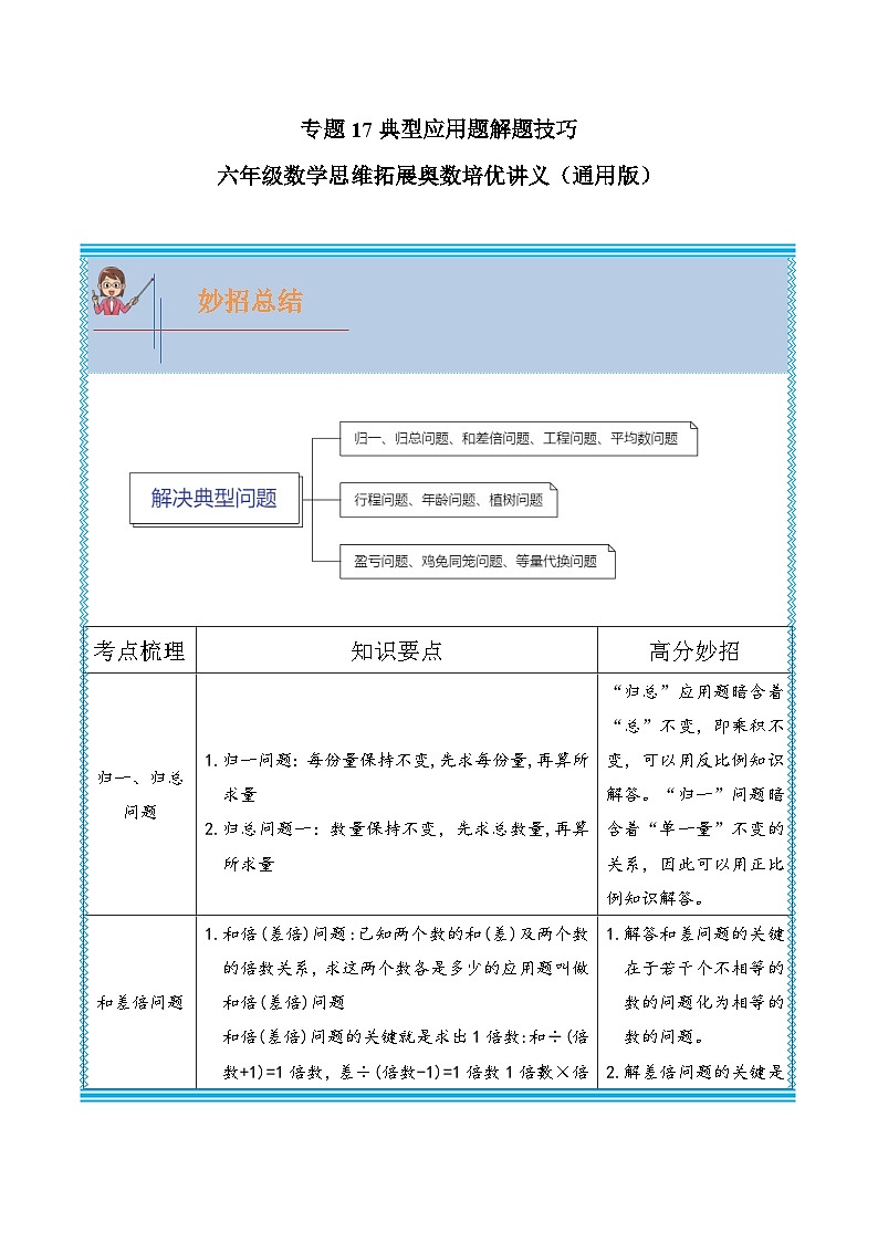 通用版小学数学六年级上册拓展培优讲义专题17典型应用题解题技巧(含答案)第1页