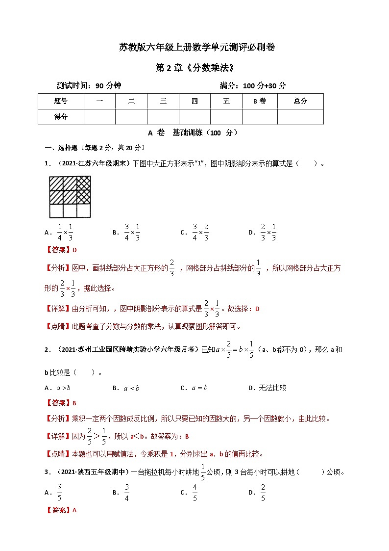 苏教版六年级上册数学 第2章《分数乘法》单元测评必刷卷(解析版)第1页