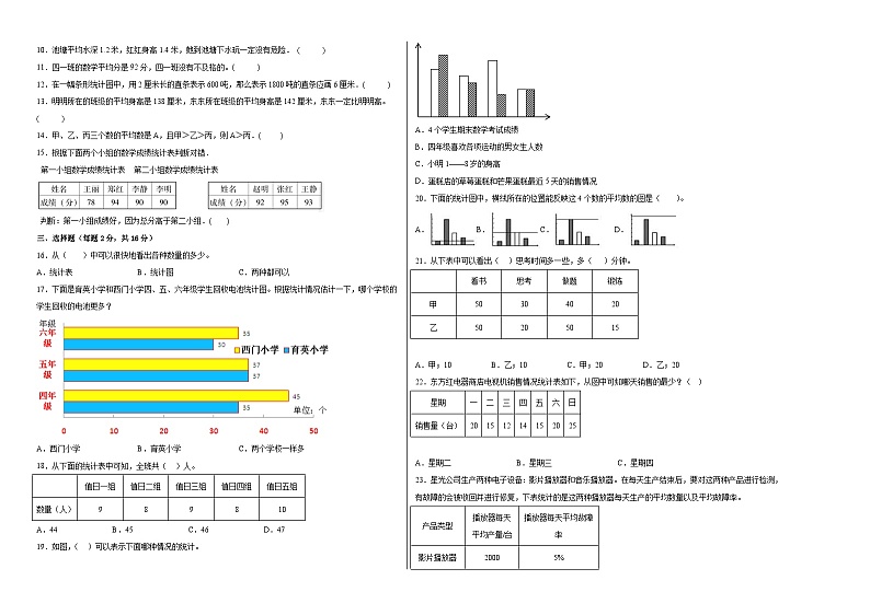 冀教版小学数学三年级下册单元分层训练第五单元数据的收集和整理(A卷:夯实基础)(含答案)第2页