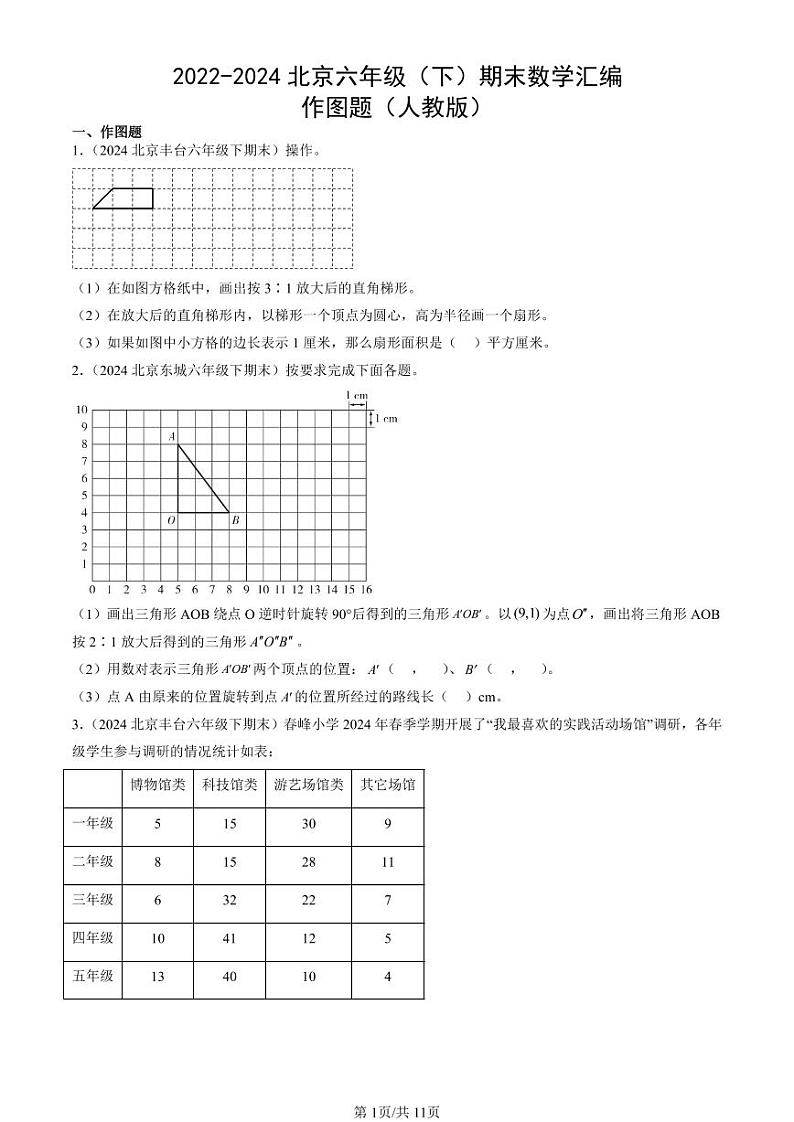 2022-2024北京六年级(下)期末真题数学汇编:作图题(人教版)第1页