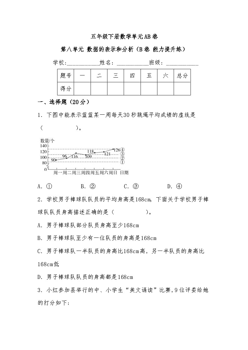 北师大版小学数学五年级下册单元分层训练第八单元 数据的表示和分析(B卷 能力提升练)(含答案)01