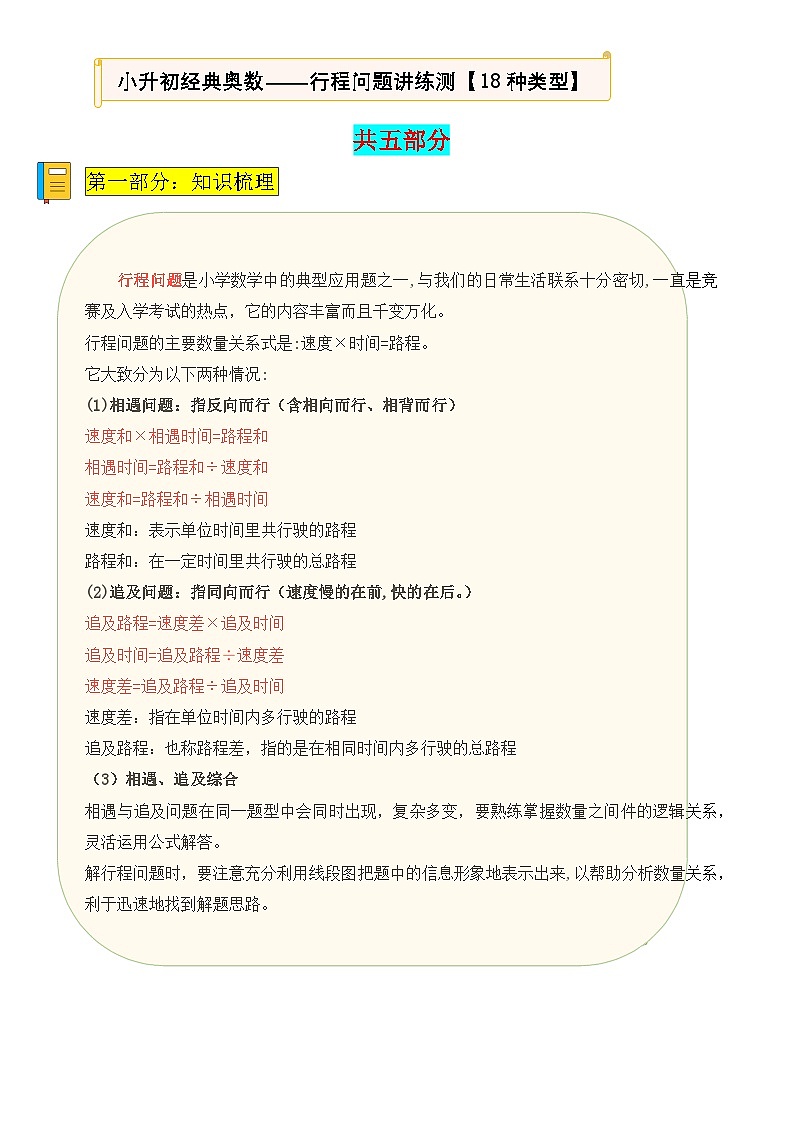 经典奥数-行程问题18种类型精讲精练-小升初奥数应用题讲义-A4第1页