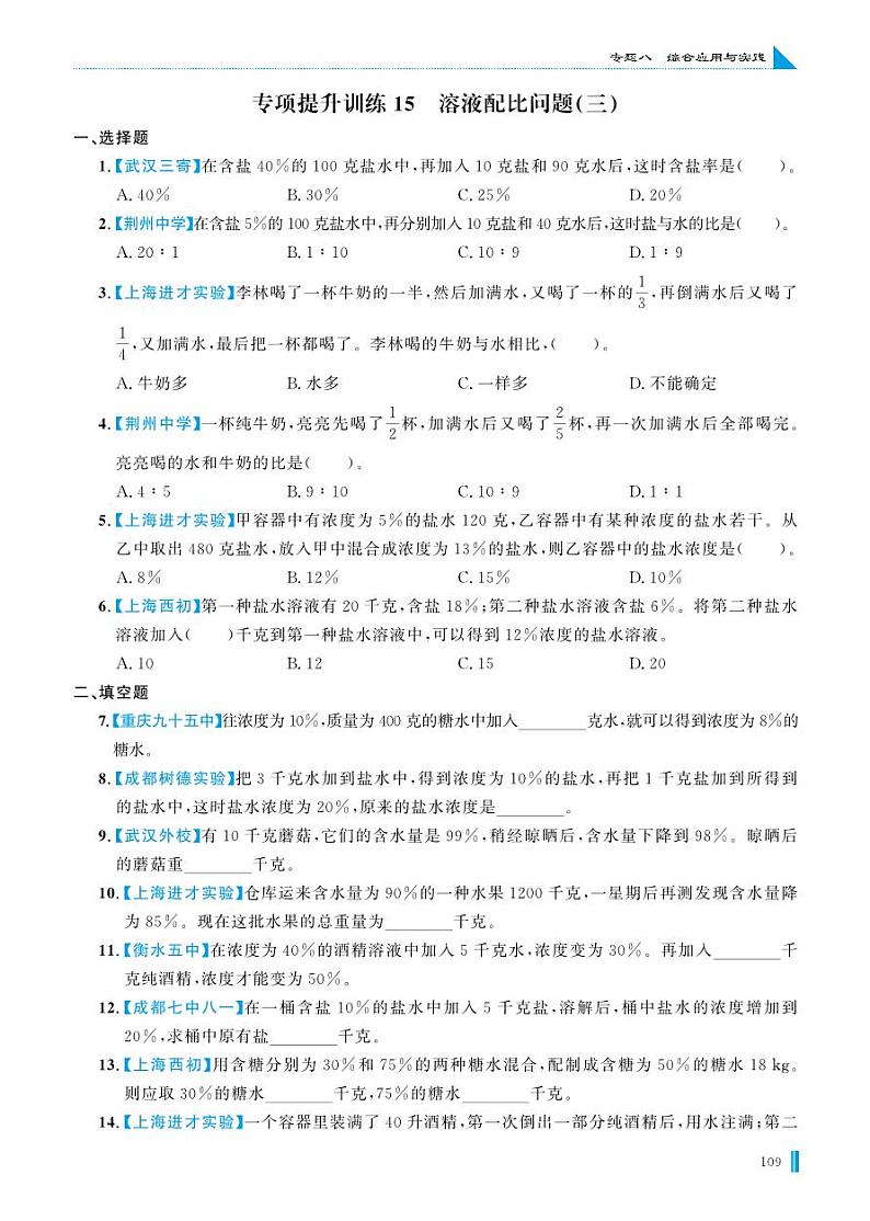 专项提升训练15 溶液配比问题(三)第1页
