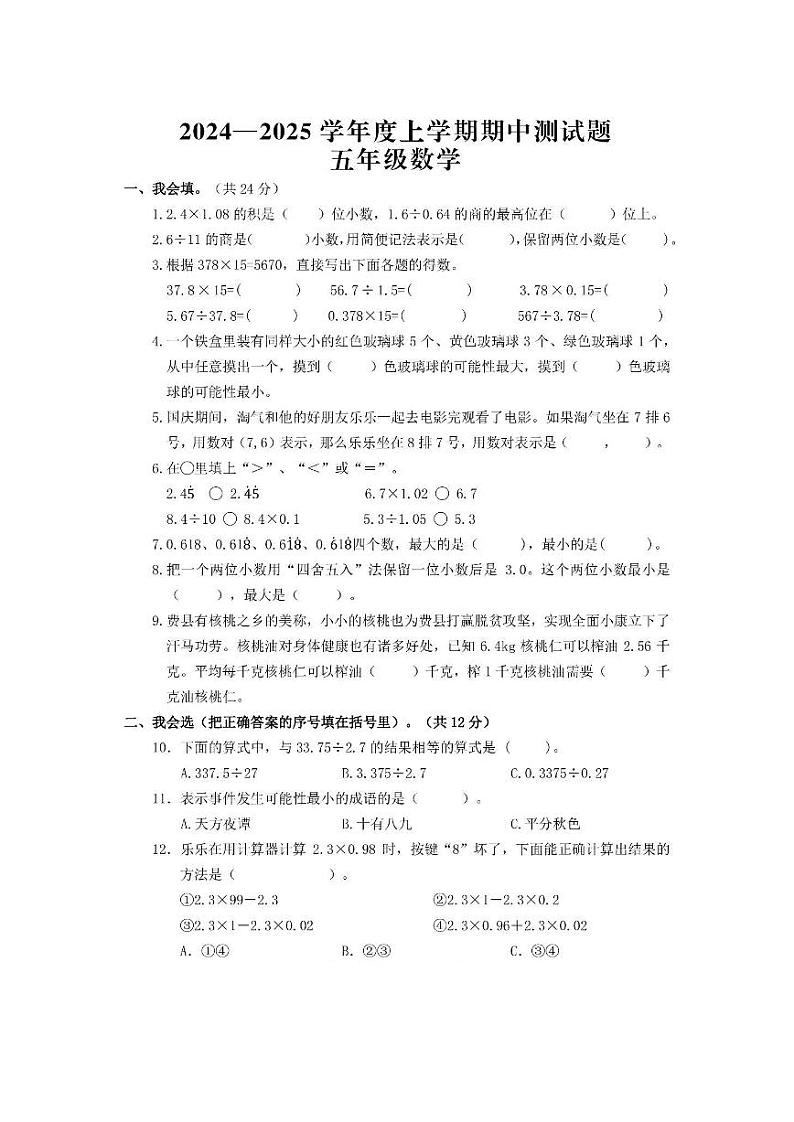 山东省临沂市费县2024-2025学年五年级上学期期中数学试题第1页