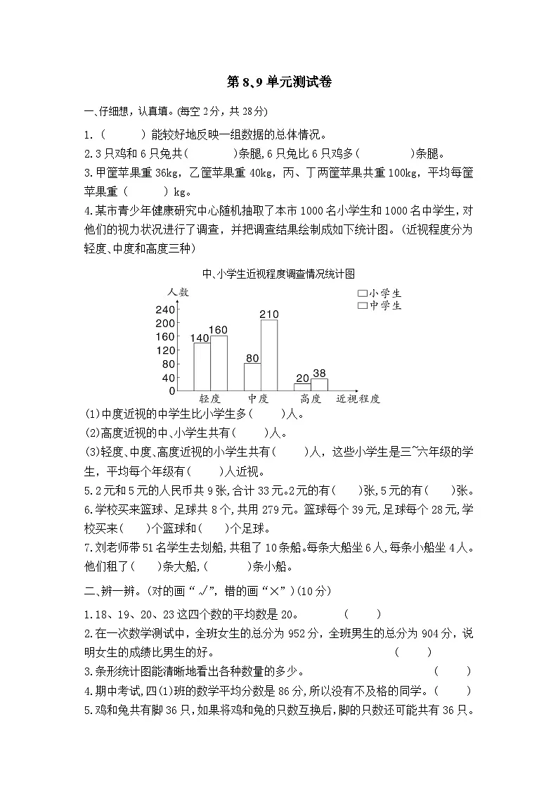 第8、9单元测试卷(单元测试)四年级下册数学人教版第1页