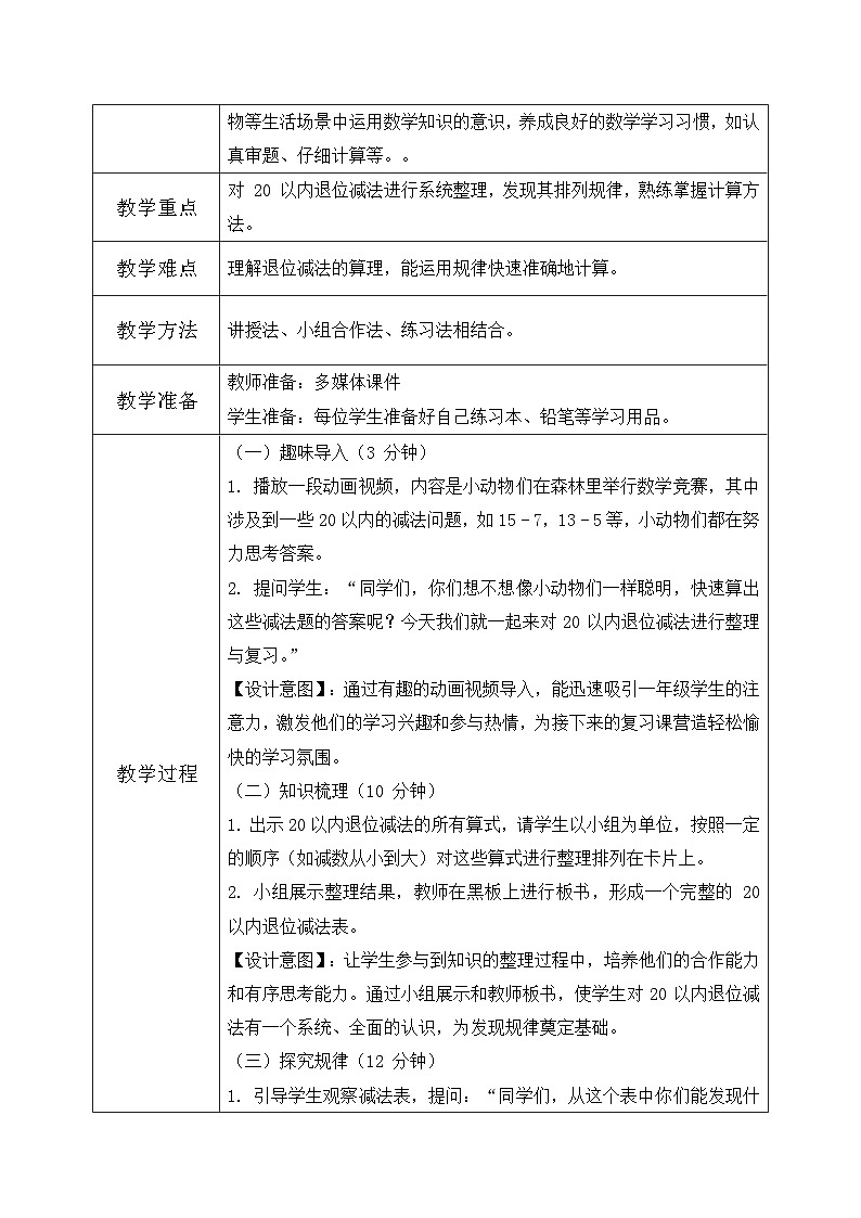 西师大版一年级下册 数学第一单元1.8《整理与复习》教学设计第2页