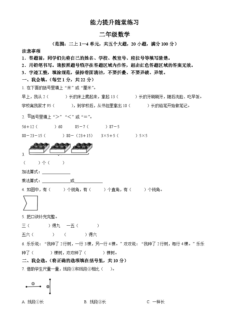 2024-2025学年云南省文山壮族苗族自治州丘北县人教版二年级上册期中测试数学试卷（原卷版）-A4