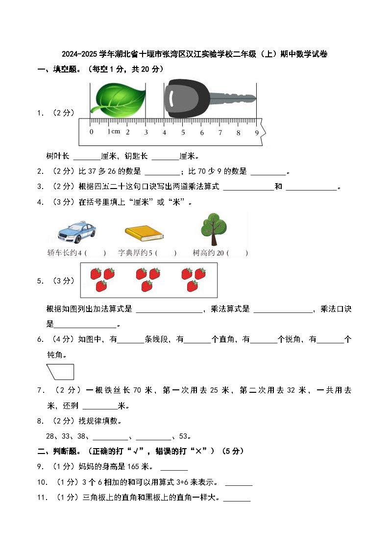 2024-2025学年湖北省十堰市张湾区汉江实验学校二年级（上）期中数学试卷