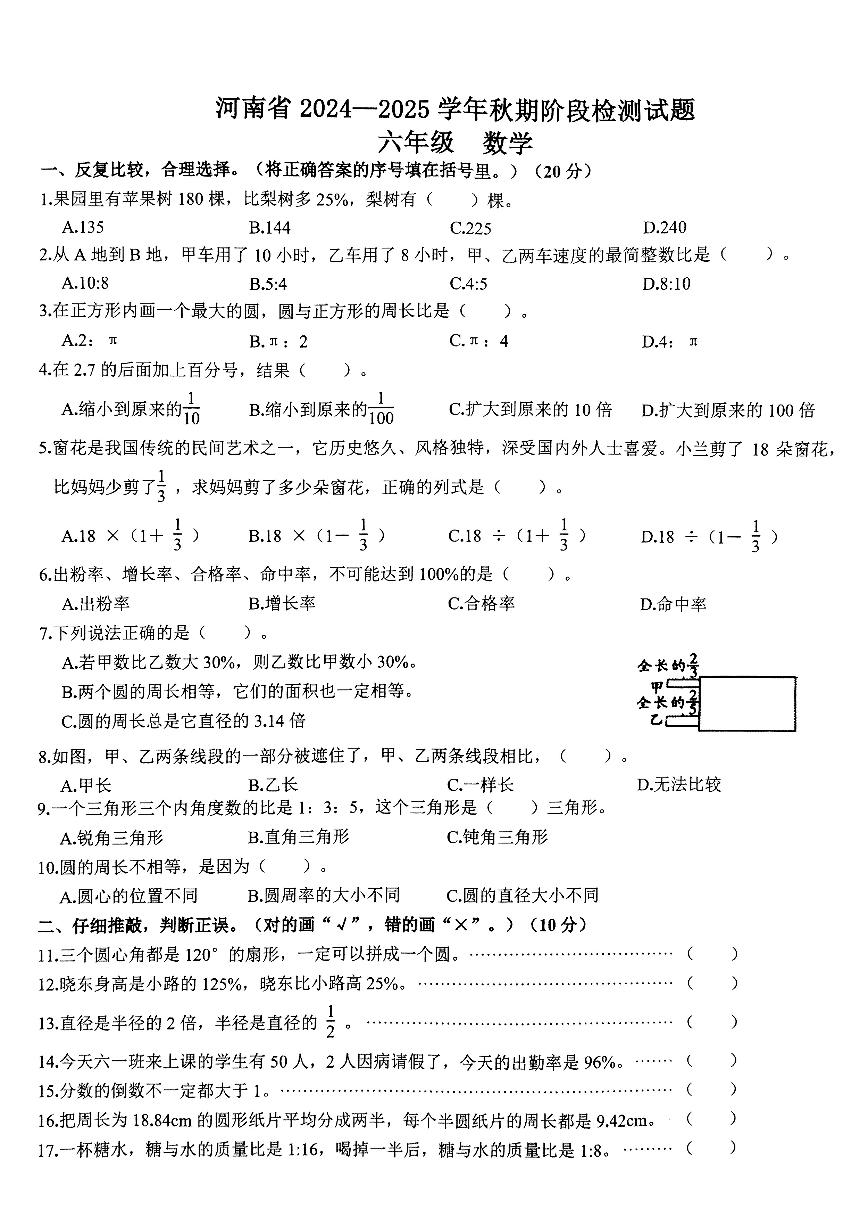 河南省驻马店市确山县部分小学联考2024-2025学年六年级上学期12月月考数学试题