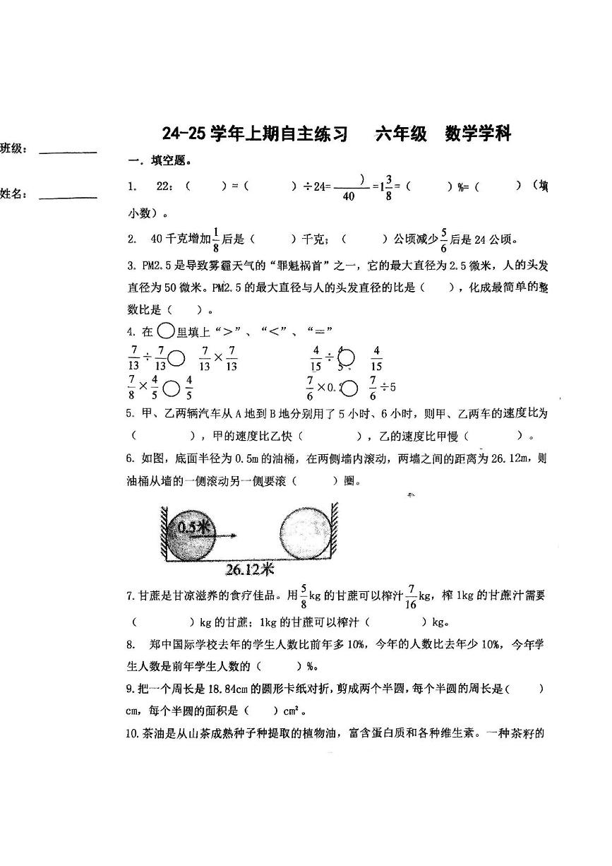 河南省郑州市郑州高新技术产业开发区郑中国际学校2024-2025学年六年级上学期12月月考数学试题