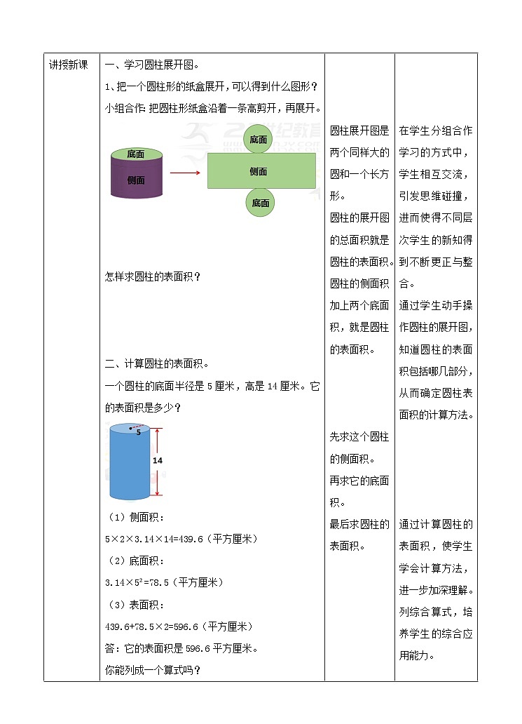 冀教版数学六年级下册4.2《 圆柱的表面积》(教案)第2页