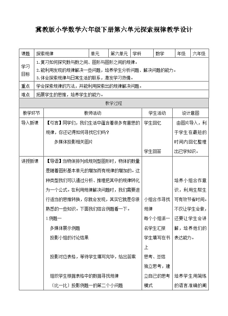 冀教版数学六年级下册6.1.7《 探索规律》教学设计第1页