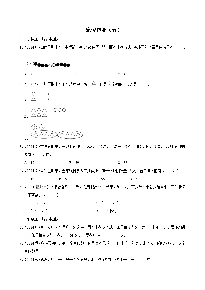 寒假作业（试题）2024-2025学年三年级上册数学 人教版（五）