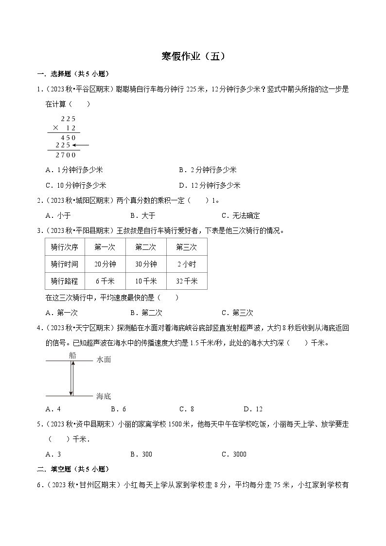 寒假作业（试题）2024-2025学年四年级上册数学 人教版（五）