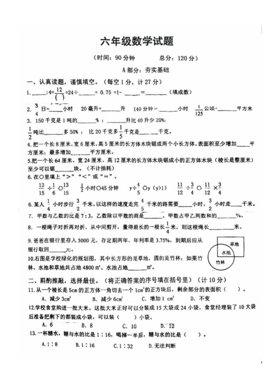 江苏省淮安市涟水县2024-2025学年六年级上学期12月月考数学试卷