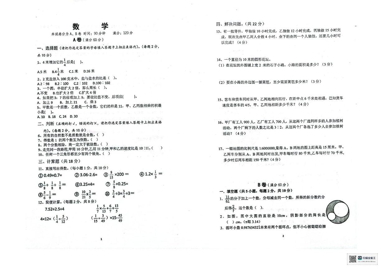 四川省达州市达川区2024-2025学年六年级上学期12月检测数学试题