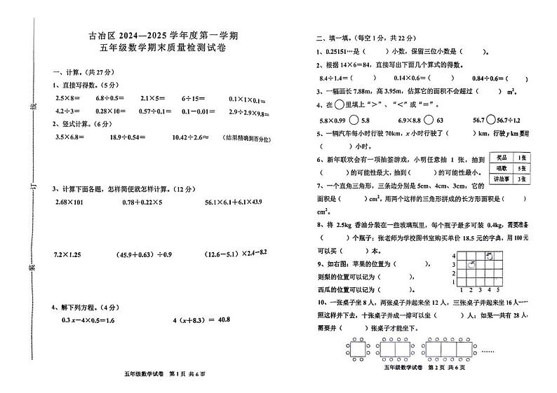 河北省唐山市古冶区2024-2025学年五年级上学期期末数学试题第1页