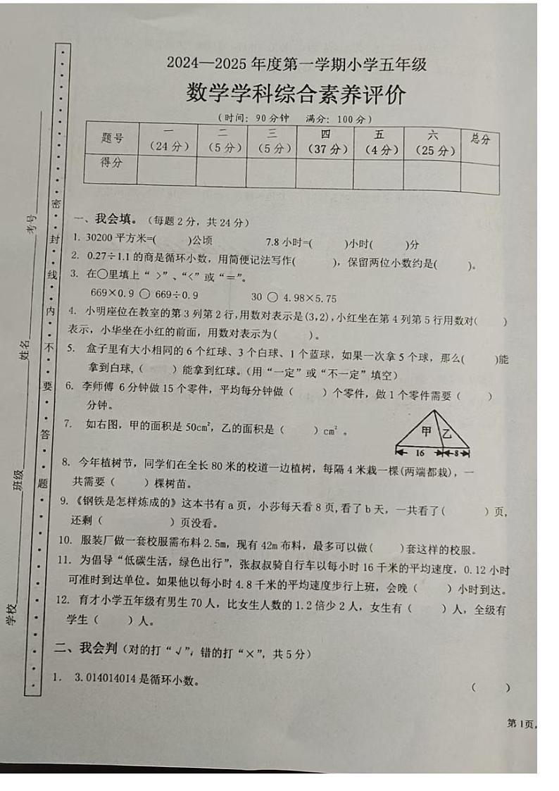广东汕头潮阳区2024-2025学年五年级上学期期末数学试卷第1页